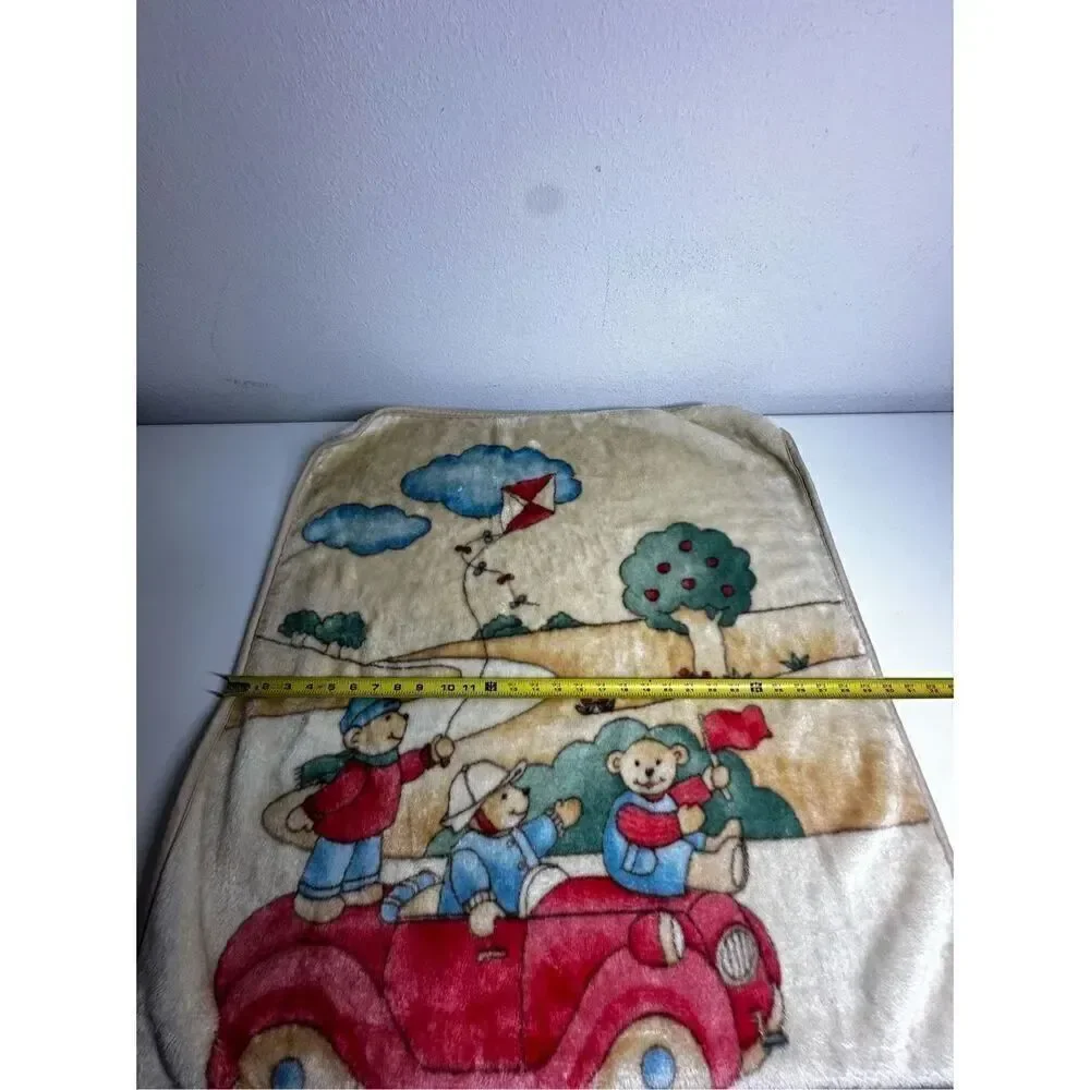 Rare Vintage Baby Fleece Blanket Teddy Bears Family On the Car 36” X 30” *Notes